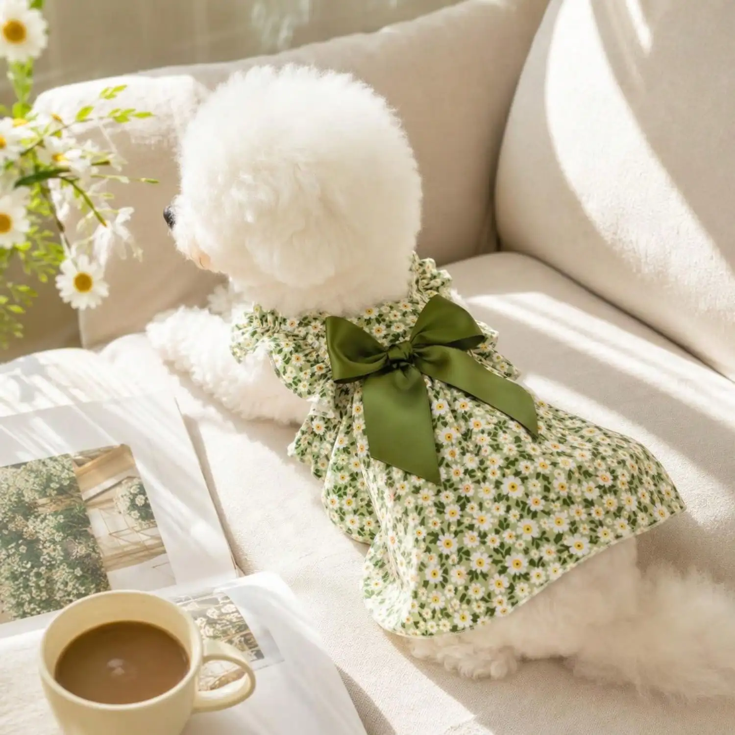 Sommerkleid für Haustiere, ärmellos, mit Blumenmuster, Rüschenriemen, großer Schleife als Dekoration für kleine Hunde, für den täglichen Gebrauch und Partys. – Detail 12