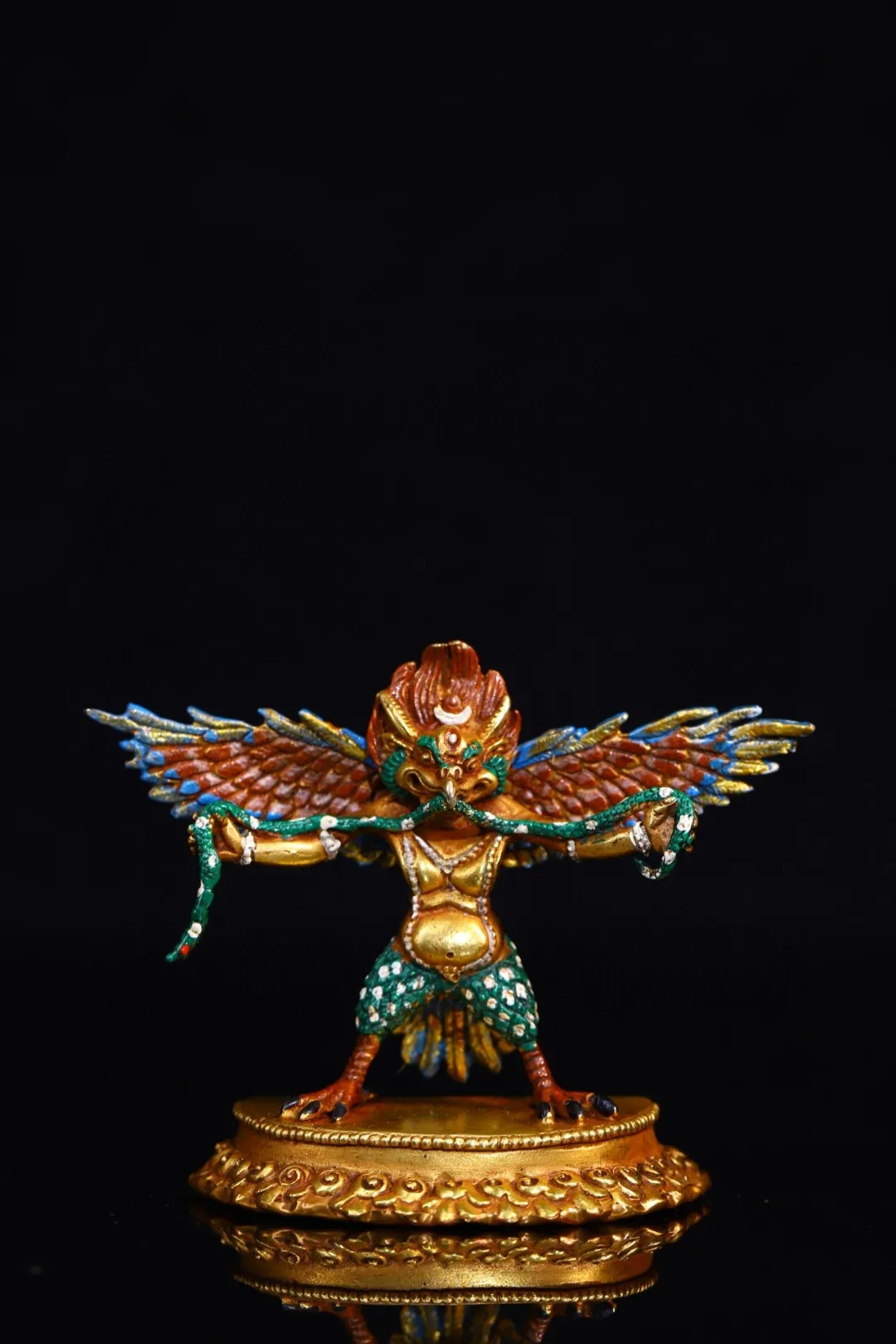 

Tibetan Bronze Plated Golden Winged Dapeng Bird Buddha Statue, Old Skin Shell, Vermilion Sand Colored Painting, Home Buddhist Ha