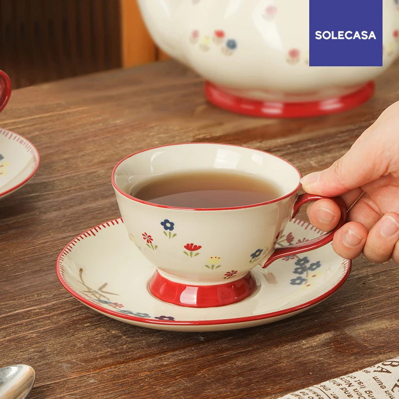 SOLECASA Keramische Theewaar Sets Retro Bloemenpatroon Theepot Kopje Europese Middagkop Porseleinen Koffiekop & Schotel Festival Cadeau