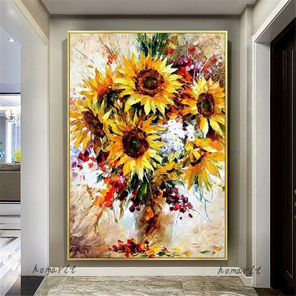 

Yellow Flower Poster Handmade Sunflowers Oil Painting On Canvas Wall Art Picture Knife Drawing For Home Live Room Decor Mural