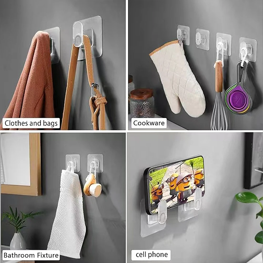 10-1PCS Punch Free Transparent Hooks Self-Adhesive Plastic Towel Hooks Multi-Purpose Keys Cloth Bath Kitchen Wall Hanging Holder