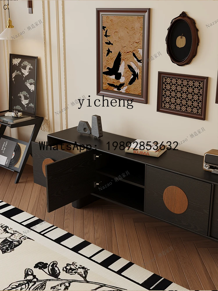 solid wood TV cabinet small apartment black simple living room storage contrasting colors