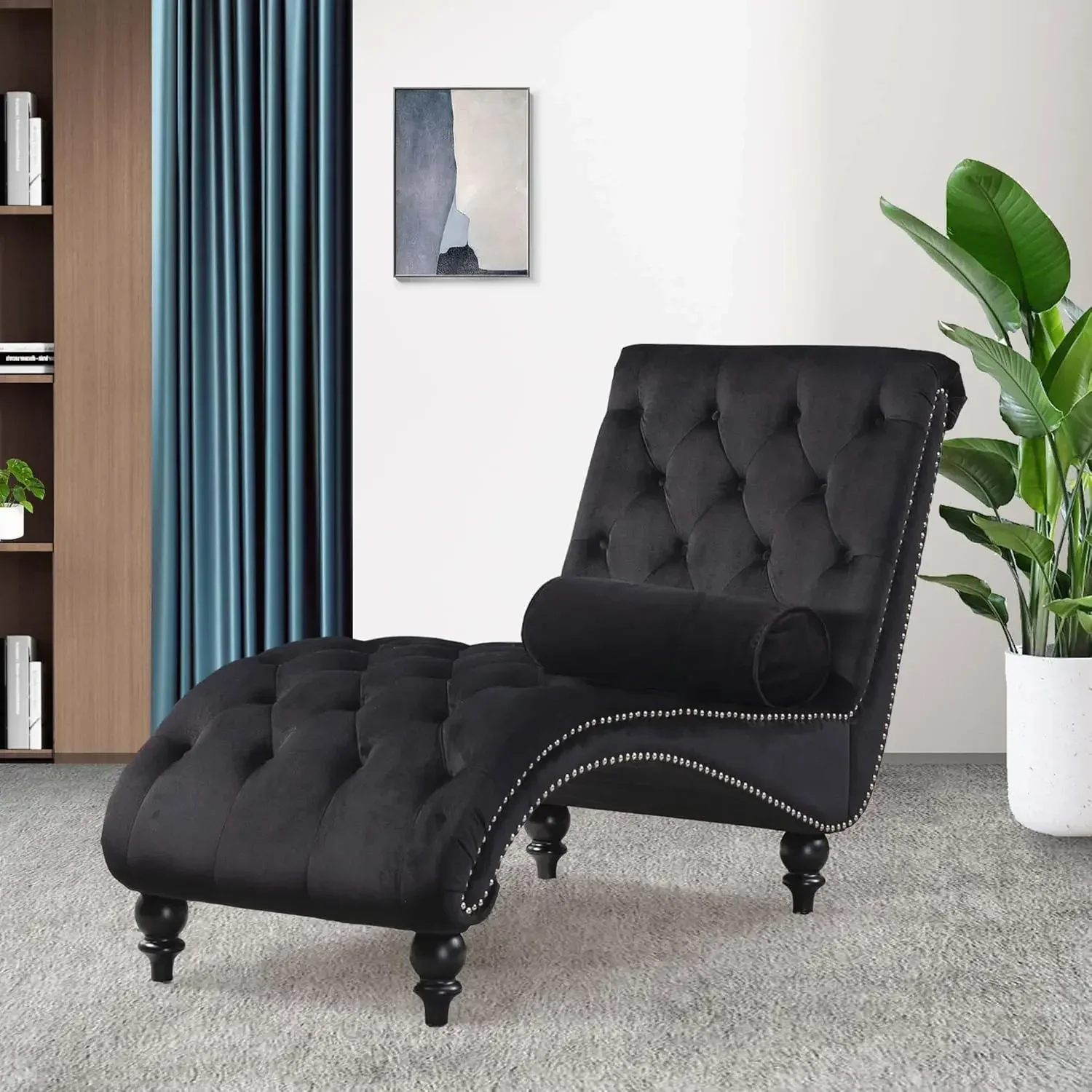 Chaise Lounge Indoor Velvet Upholstered Button Tufted Armless Chair with Pillow for Bedroom Living Room Office
