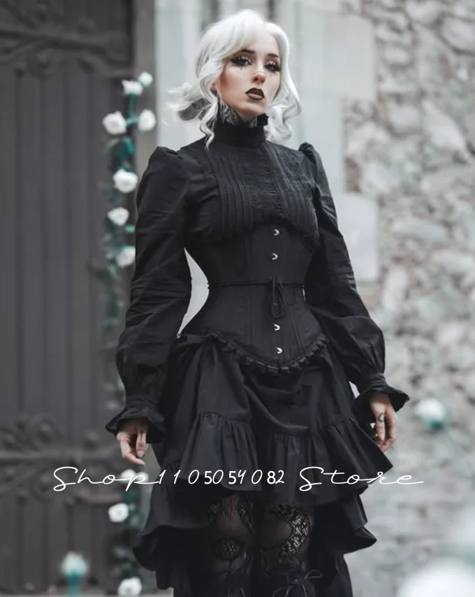 Gothic Victorian Prom Dress Black Lace Long Sleeve High Neck Ruffle Hi-Lo Evening Gown Dark Witch Cosplay Costume Customized