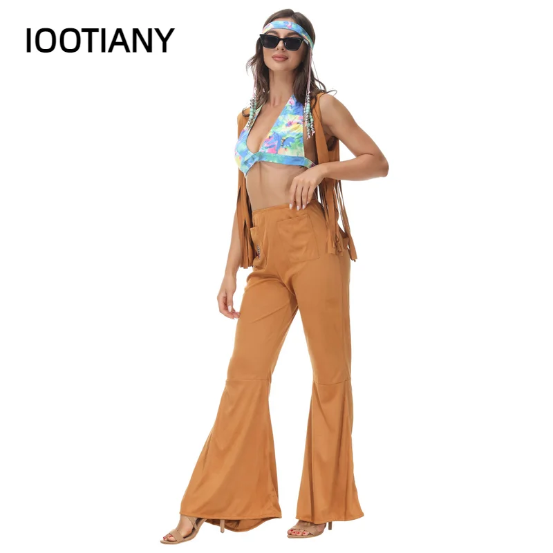 Halloween Party 60's70's Flower Hippie Costume Set Women Indian Tassels Hippie Love Peace Headband Top Vest Pants