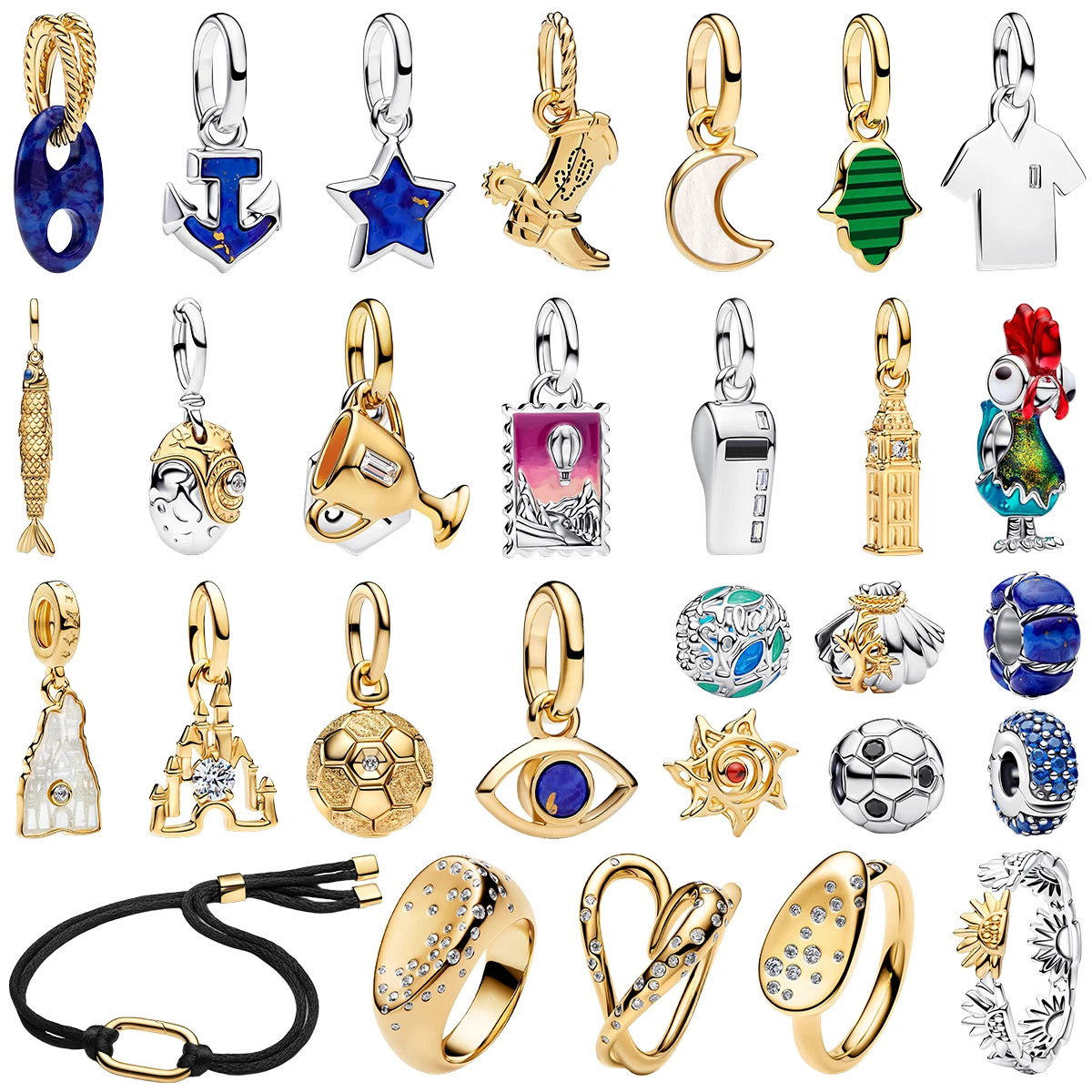 

925 Silver Charm Keychain Band Ring Funny Cowboy Eye Soccer Castle Anchor Whistle Trophy Blue Gem Bead DIY Bracelet Gift Jewelry