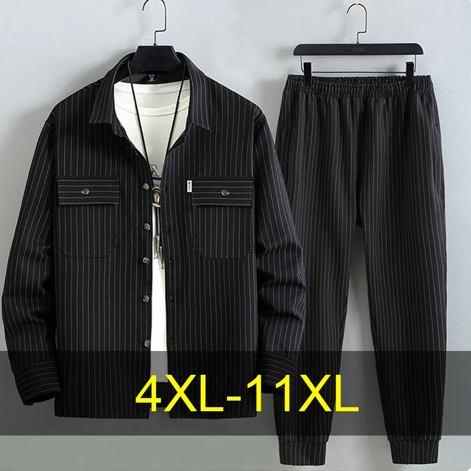 

Stripe Sets Men 10XL 11XL Plus Size Suits Stripe Cargo Shirts Jacket Pants Male Fashion Casual Spring Autumn Suits Big Size 11XL