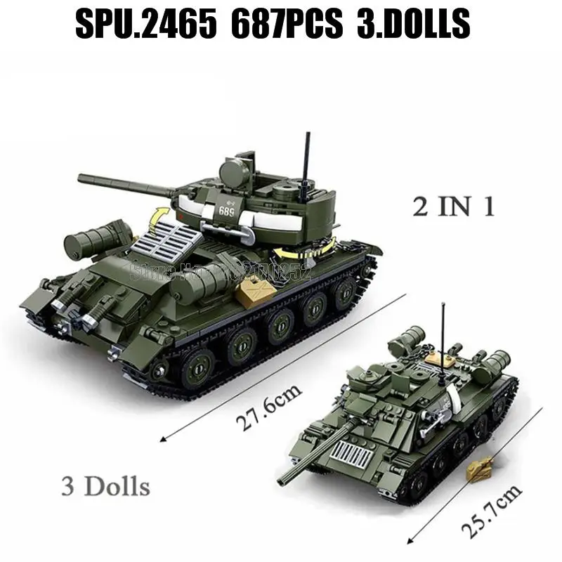 0689 687pcs 2in1 Military Army Ww2 World War Ii T34/85 2 Tanks Boy Weapon Building Blocks 3 Dolls Toy