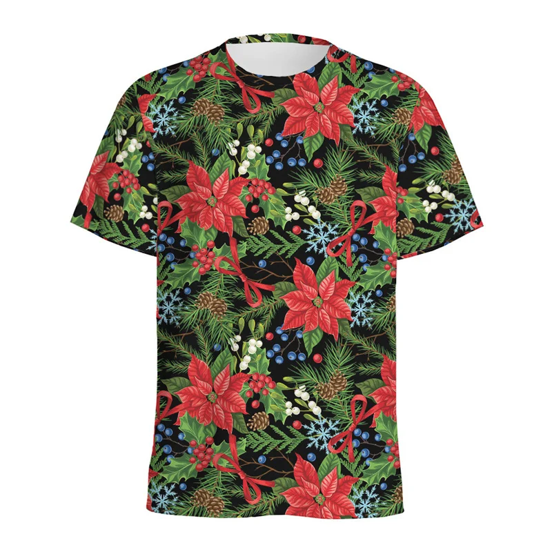 Poinsettia Flower 3D Printed T Shirt For Men Women Red Floral Pattern T-Shirt Casual Street Loose Short Sleeves Round Neck Tees