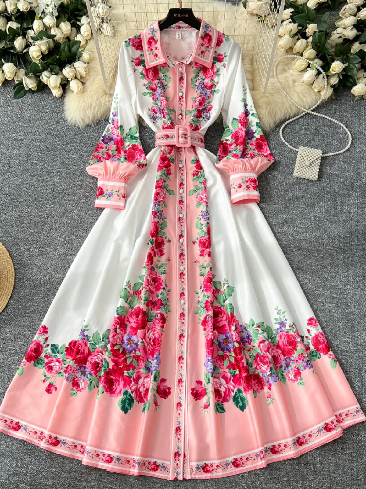 2025 New Retro Printed Long Dr with Lantern Sves And Waist Cinching Single Button High Waist A-Line Korean Sle Commute