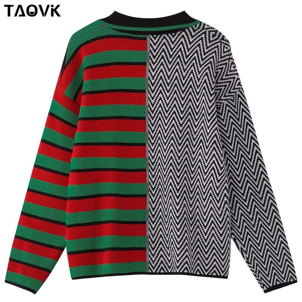 TAOVK Women\'s Knitted Long Sleeve warm Jumper Knitwear Contrast Color Pullover Striped and Wave Pattern Lapel Sweater Pullover