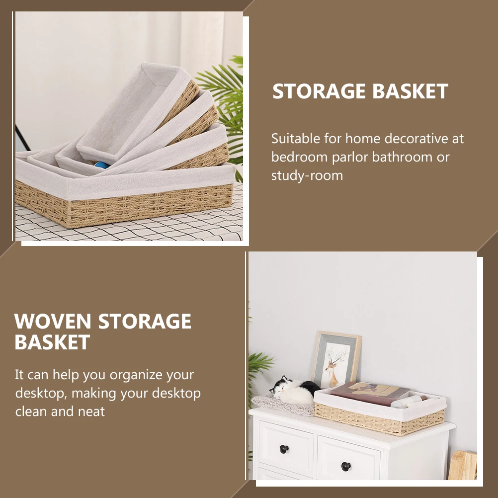 

Rattan Storage Box Small Woven Basket Paper Rope Cloth Material Linen Lined Bedroom Bathroom Study Room Desktop Organization