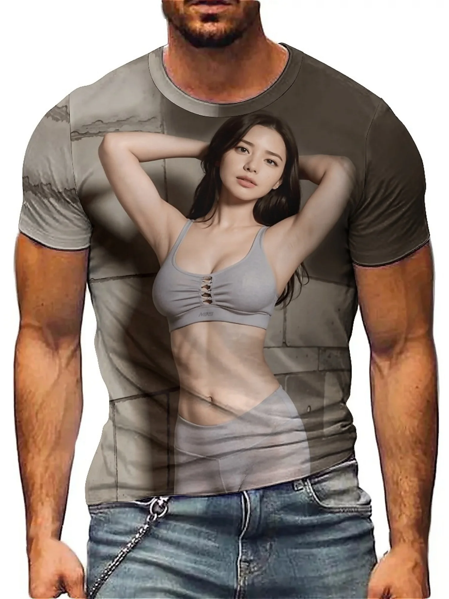 เสื้อยืดกราฟิกโมเดลบิกินี่เรขาคณิตพิมพ์ลาย 3 มิติสำหรับผู้ชาย - เสื้อยืดแขนสั้นลำลองและงานปาร์ตี้สีเทา, เสื้อยืดทรงพอดีตัวซักด้วยเครื่องซักผ้าได้