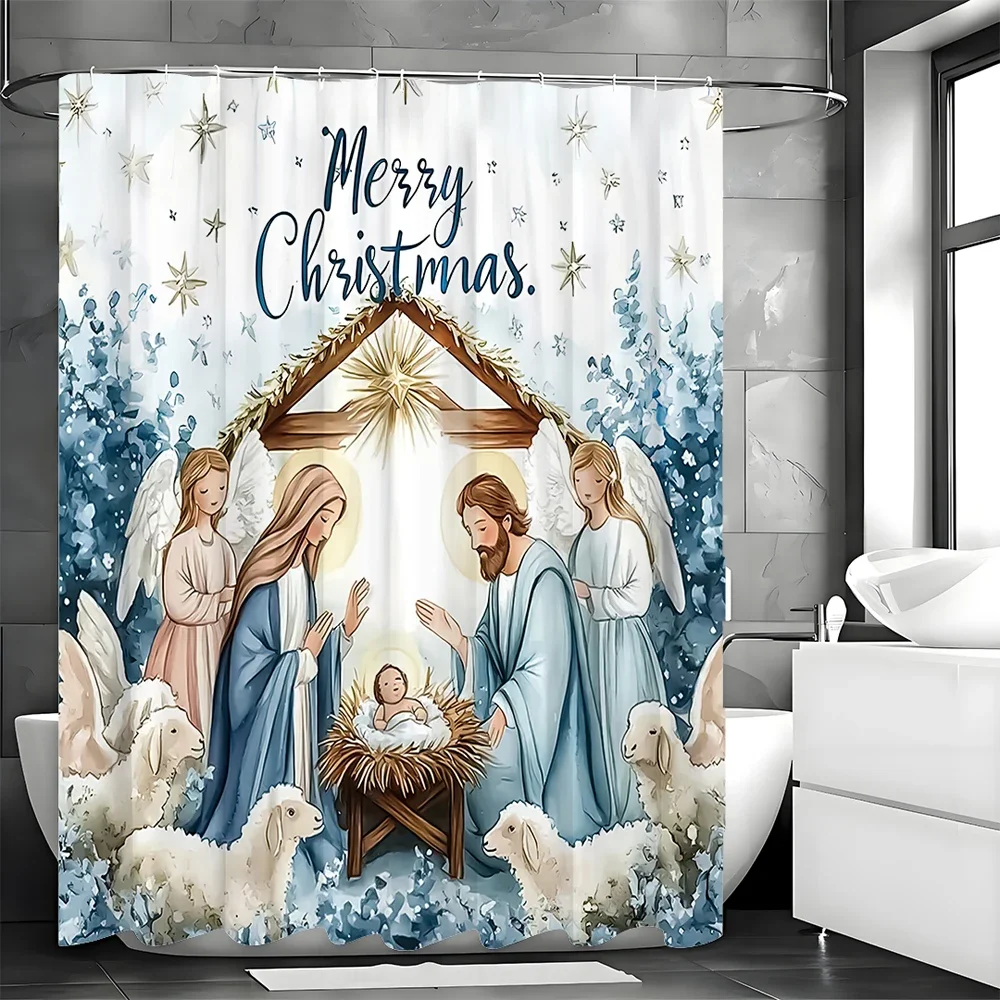 

Merry Christmas Nativity Shower Curtain, Bathroom Decorative Shower Curtain, Waterproof Shower Curtain with Hooks