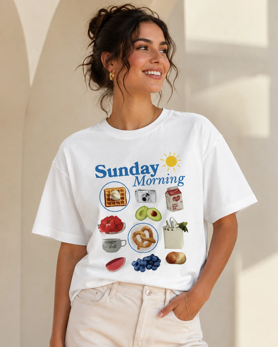Women's Spring/Summer Retro Style Waffle Camera Sunday Print Fashion Casual Round Neck T-shirt Cotton Short Sleeve Y2K Top