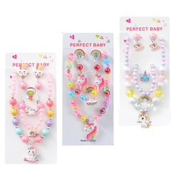 Cute Cartoon Colorful Unicorn Animal Child Sweater Necklace Bracelet Earring Ring Girl's Gifts Children's Jewelry Sets For Kids