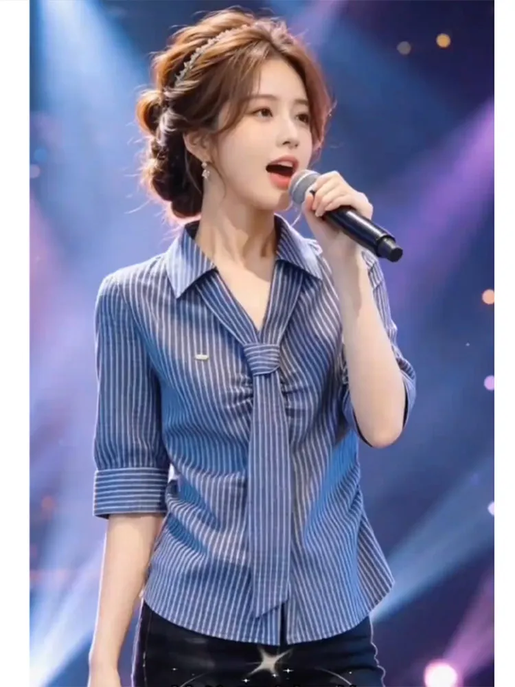

Retro Korean Blue White Striped V-Neck Tie Shirt Women's Commuter Top Casual Style Waist-Cinching Five-Quarter Sleeve