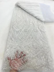 White Nigerian Lace Fabric 2024 High Quality French Lace Fabrics Quality Handmade Beads Lace Elegant Woman Party Dresses A390-1