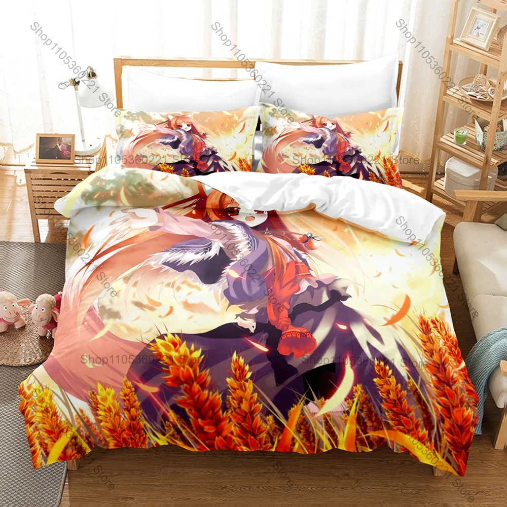 Anime Spice and Wolf Bedding Set, Duvet Cover & 2 Pillowcases, Wise Wolf Holo Pattern Breathable Fabric All Season
