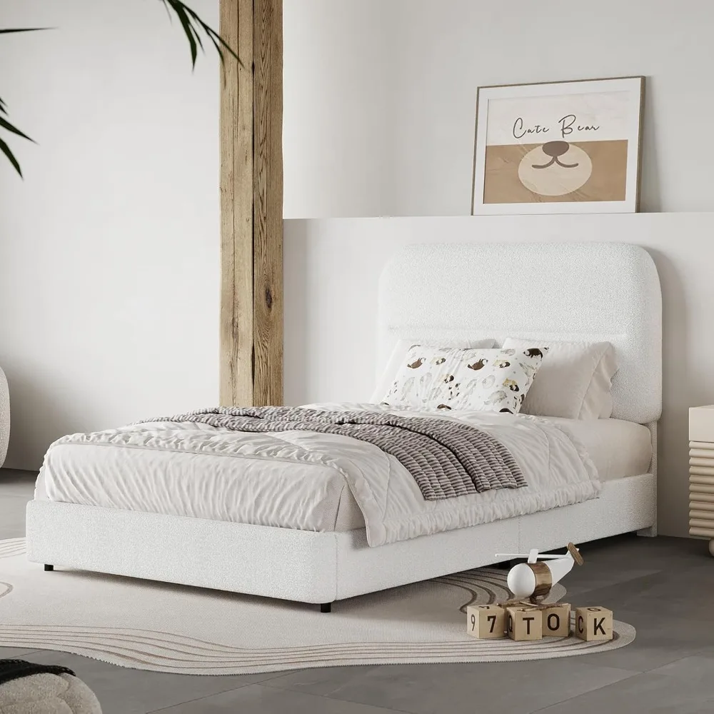 

Twin Bed Frames Boucle Upholstered Platform Bed Frame Twin Size with Headboard for Kids/Thickened Footboard/Rounded Corners/No