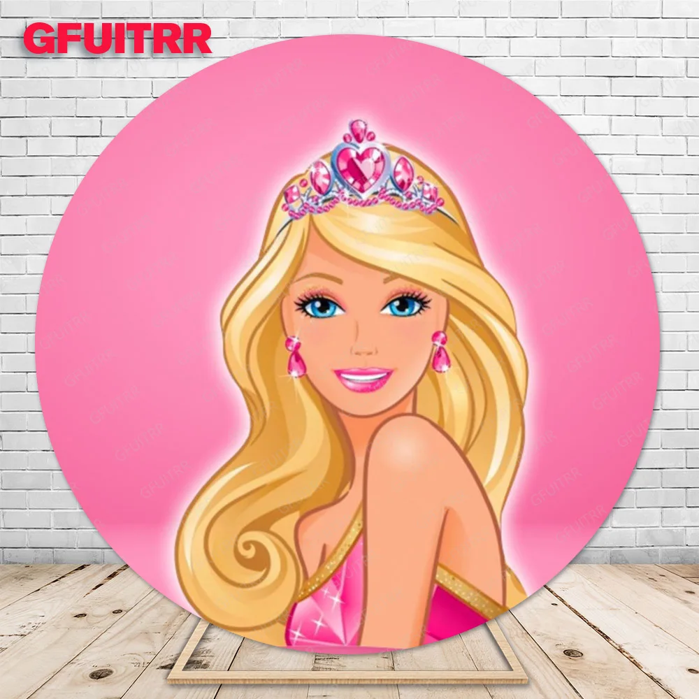 Barbiee Round Backdrop for Kids Birthday Party Princess Pink Decoration Photography Background Cylinder Cover Baby Shower Prop