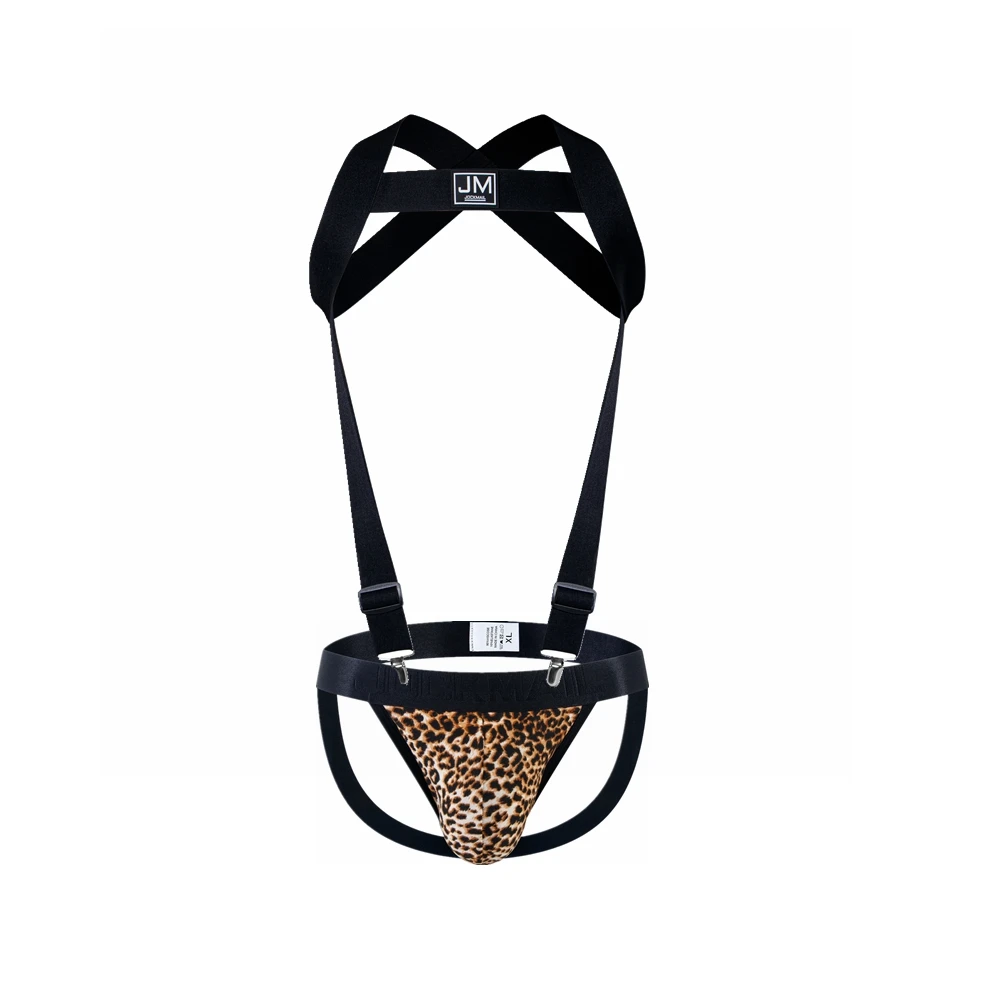 JOCKMAIL Body Harness Adjustable Elastic Band Detachable Split-type Give Away  Leopard Jockstrap Sexy Men Underwear Sets Black