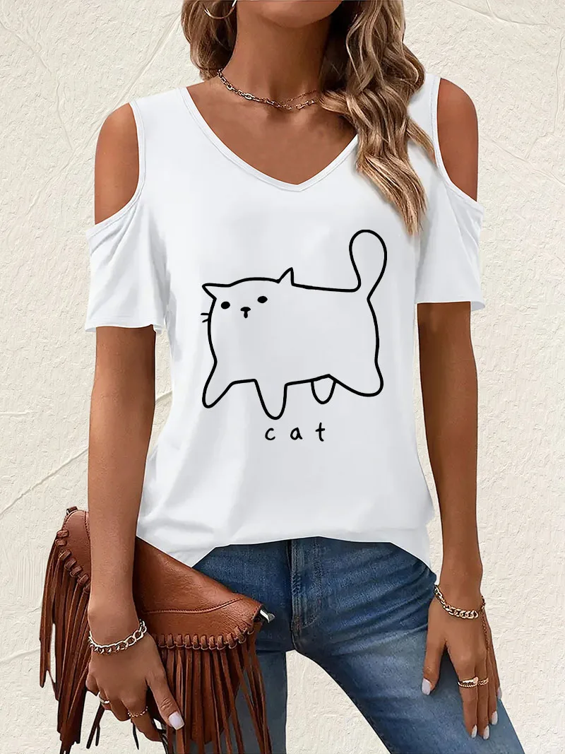 Funny Cat Design V-Neck Japanese Style Print T-shirt Short Sleeve Graphic V Neck T Shirt Casual Top for Summer Spring Women