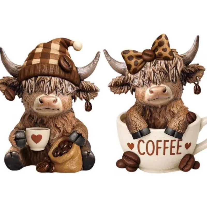 Highland Cow Figurine Coffee Highland Cow Gnome Scottish Resin Calf Ornament Christmas Gift For Cow Lovers Home Decor