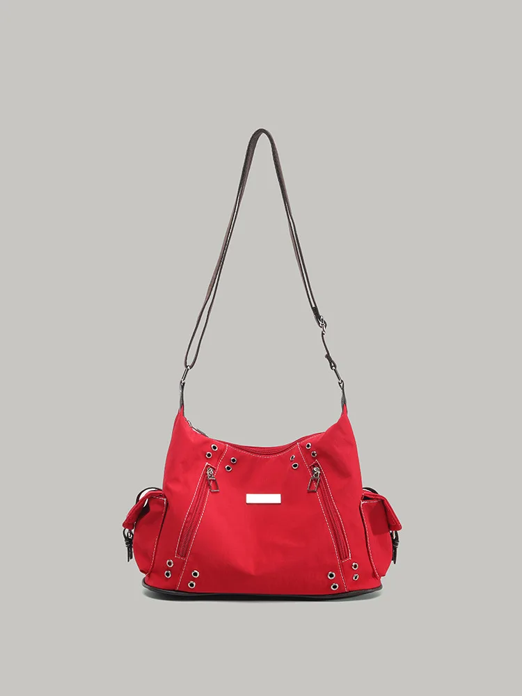 

New Retro Red Rivet Motorcycle Bag Large Capacity Canvas Tote Bag Personality Cool Crossbody Bag Casual Shopping Shoulder Bag