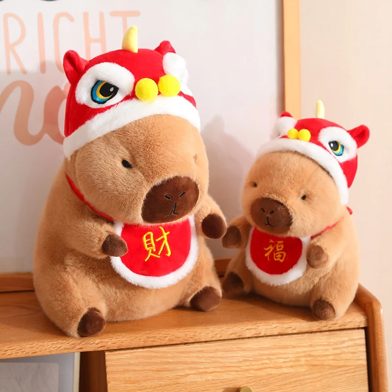 Capibara de Navidad de dibujos animados de alta calidad, almohada de muñeco de peluche, sombrero de Papá Noel, sombrero de León, babero de la suerte, capibara, juguete de peluche, decoración del hogar