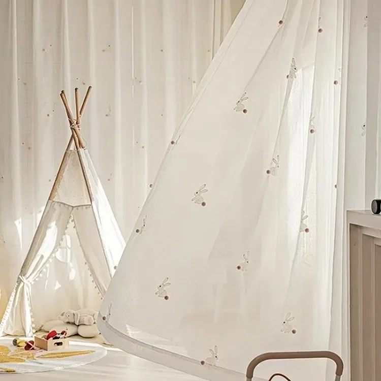 Customized Embroidered Cute Rabbit Fashion Paradise Cartoon Rabbit Translucent Human Cotton and Linen Breathable Sheer Window