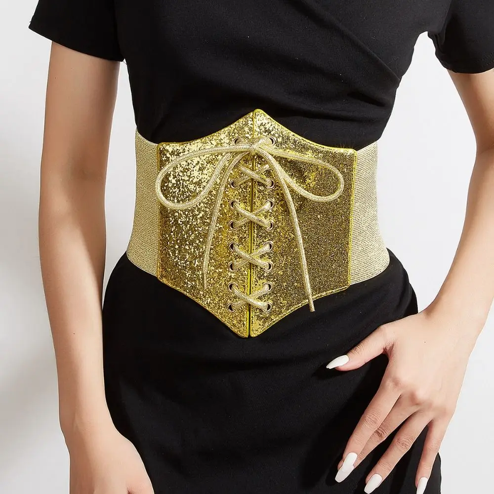 Luxury Elastic Gold Cummerbunds PU Leather Shinny Leopard Print Waistband Dress Girdle Glitter Blingbling Corset Belt Women