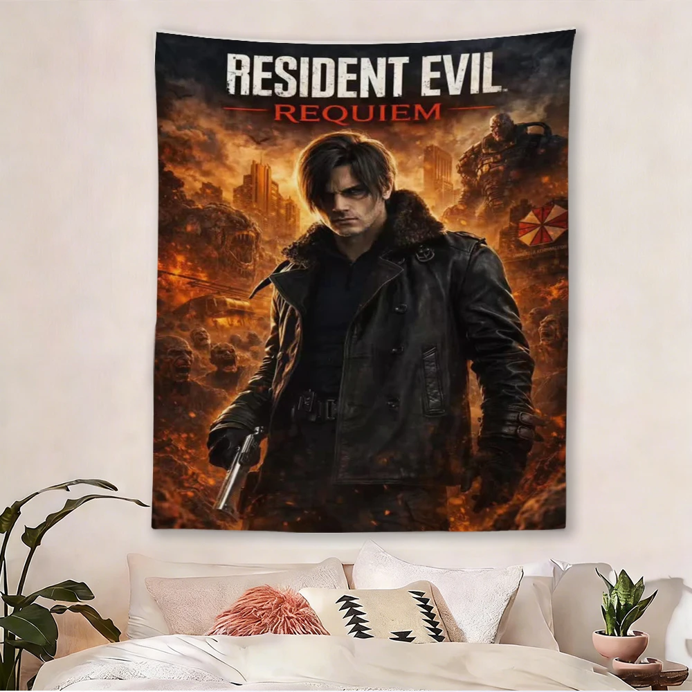 1PC R-Resident Evil Requiem Tapestry, Horror Game Wall Hanging, Leon & Ada Poster Decor for Bedroom, large tapestry
