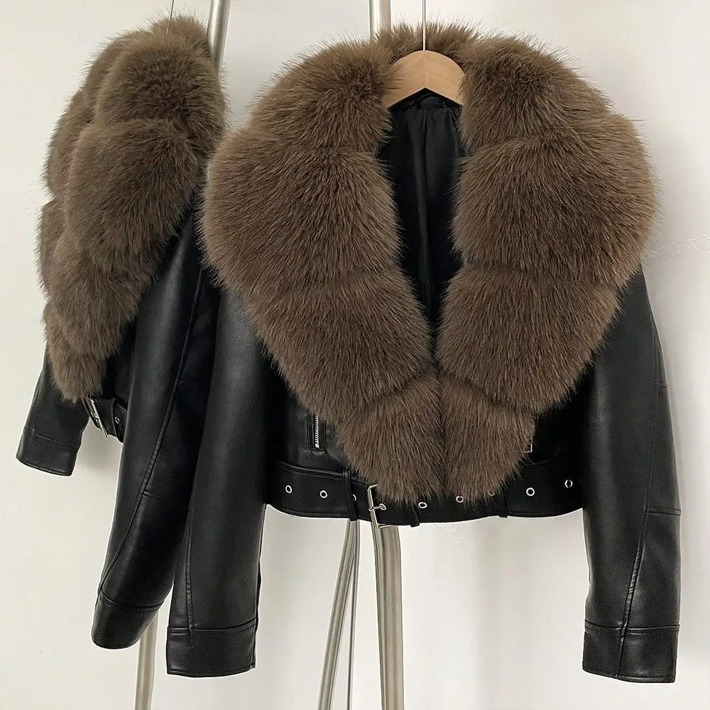 

Women's PU Leather Jacket with Faux Fur Collar, Casual Motorcycle Style for Autumn Winter