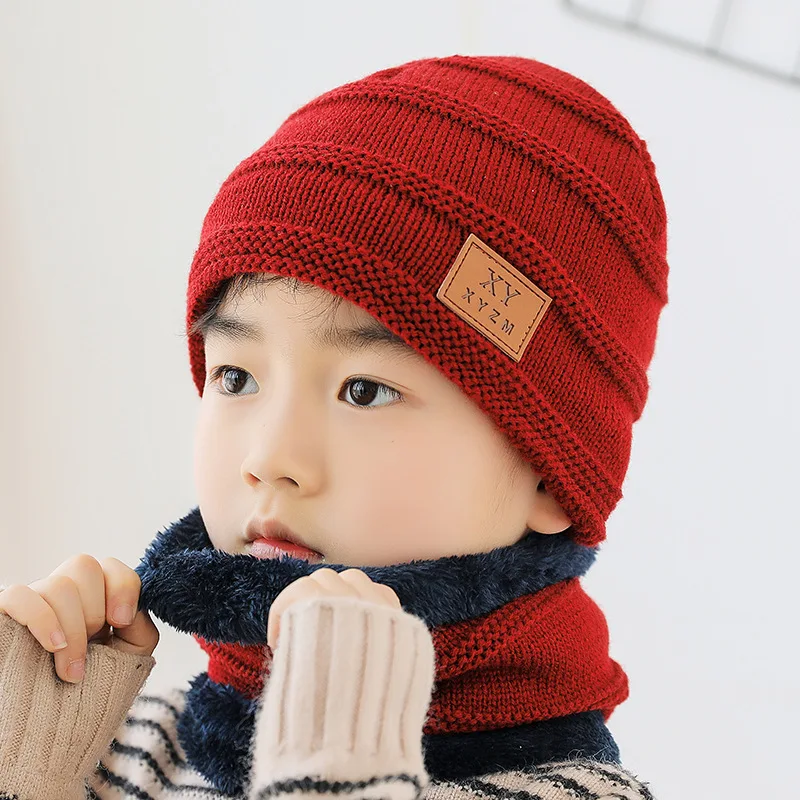 New Kids Winter Warm Knitted Hat with Scarf Set Skullies Beanies for 3-14 Years Old Boy\'s Children cute Hat Scarf Set Beanie Cap