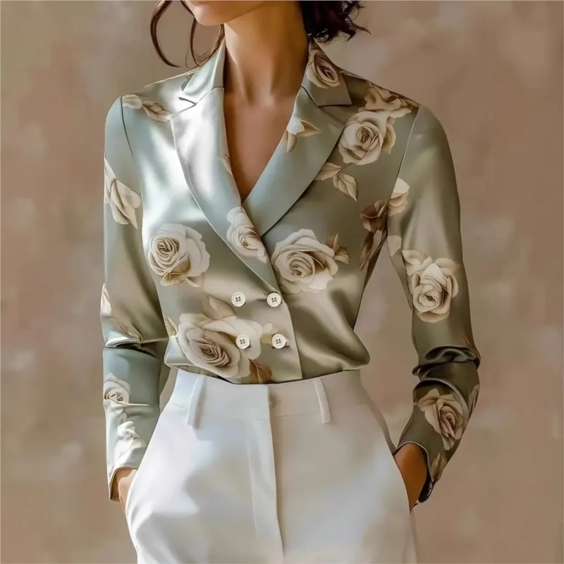 

2025 Fashion Floral Printed Long Sleeve Shirt Women's Casual Notched Collar Tops Buttons Work Shirts Daily Wear Classic Design