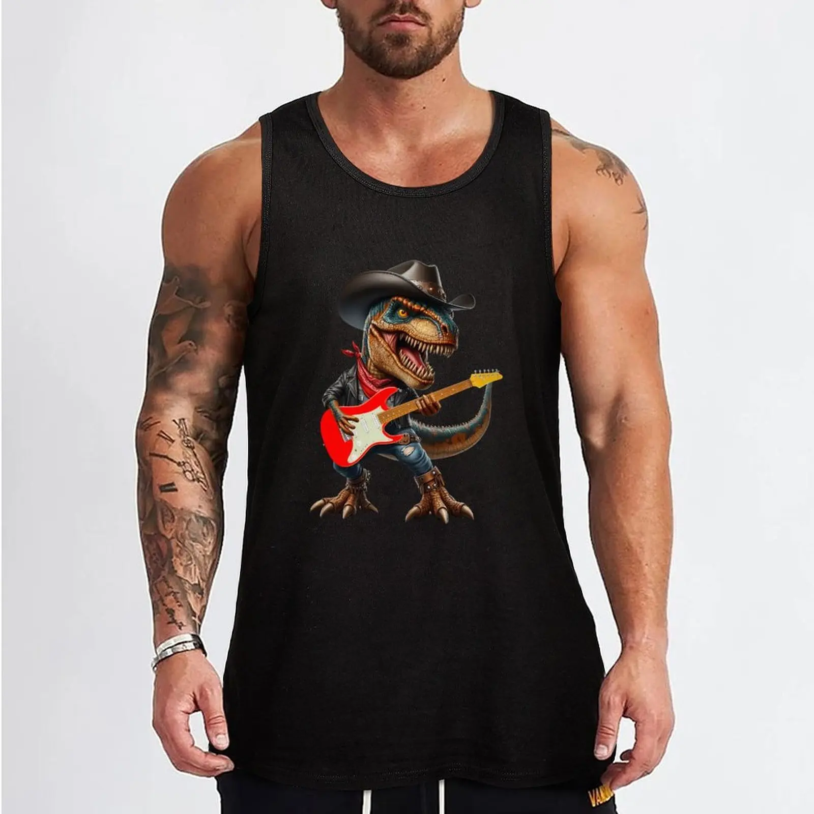 Music lover T Rex Guitar Player Tank Top Gym Muscle Tank Top Sleeveless Fitness Athletic Wear