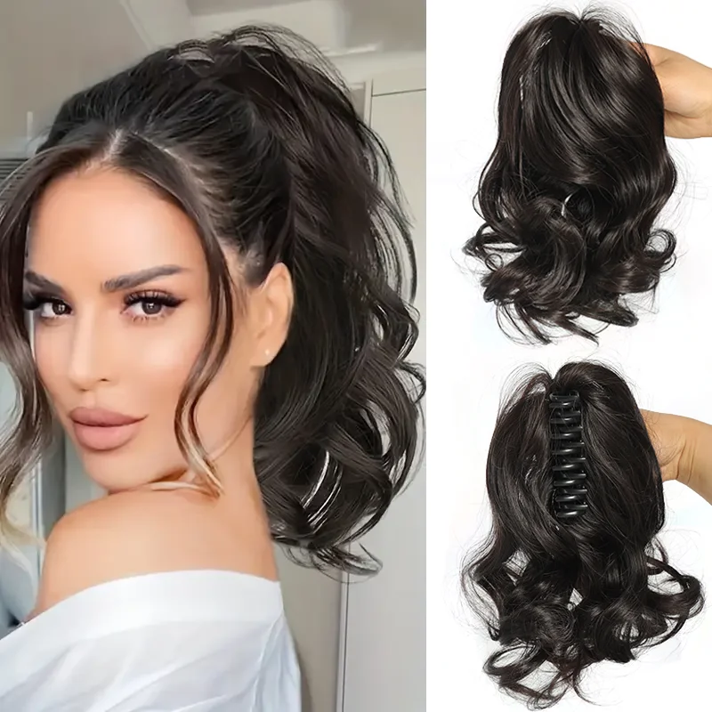 Synthetic Ponytail Extension Big Claw Clip In Ponytail Hair Extensions 10 Inch Short Curly Ponytail Natural Wavy