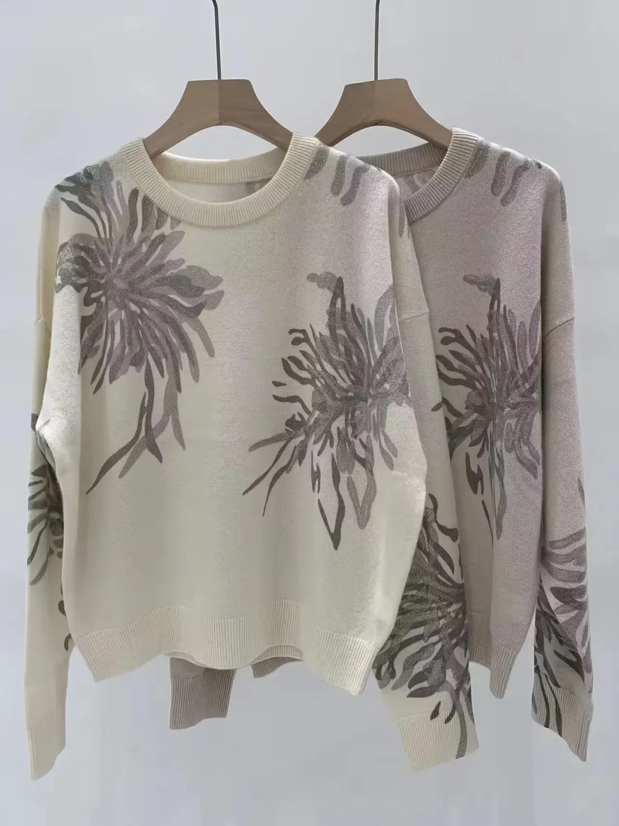 Knitted Sweater for Women 2023 New 100% Cashmere Sequins Print Round-Neck Loose Vintage Long Sleeve Pullover