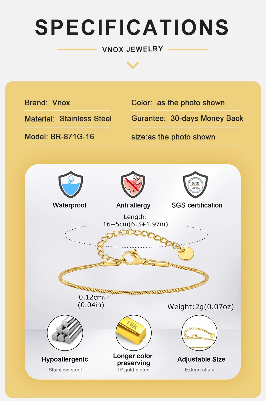 Vnox Minimalistisches 1,2/2mm Breites Dünnes Schlangenketten-Armband für Männer und Frauen, Gold- oder Silberplattierter Edelstahl Verstellbarer Schmuck Geschenk – Detail 10