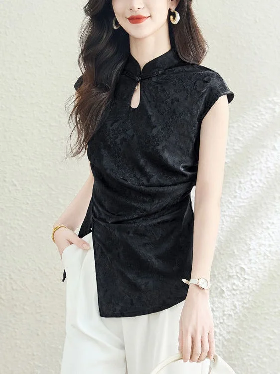 Chinese Sle Embroidered irt Collar Svel T-irt Satin Fabric Asymmetrical Slit Button up Women's Casual Top