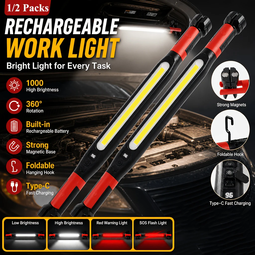 3000LM LED Work Light 4 Lighting Modes Magnetic Work Light with 180° Rotating & 360° Hooks Portable Spotlight for Camping