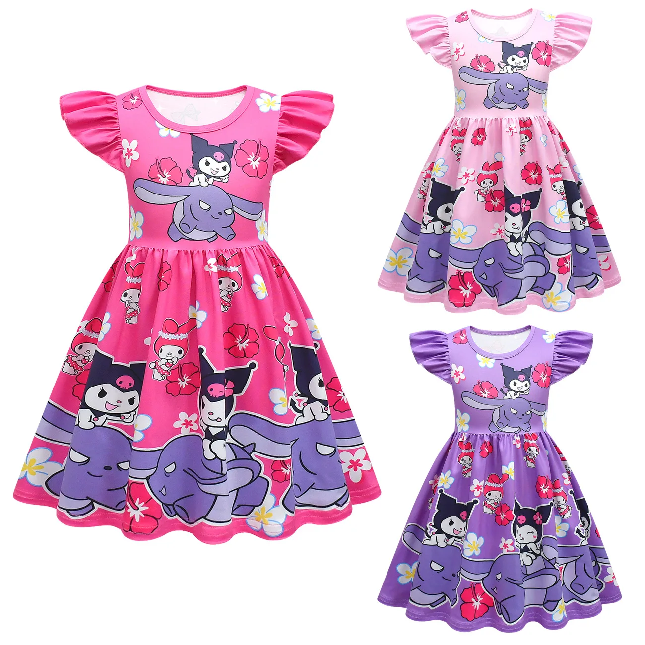 Summer New Clothes Girl\'s Dress Cartoon Print Dress Kuromi Princess Flying Sleeves A-line Dress Cotton Children\'s Clothing