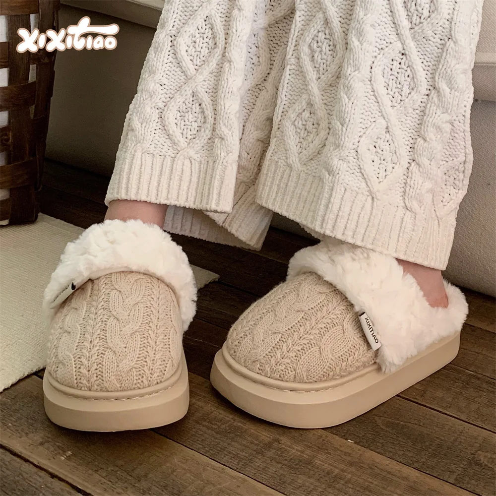 Women Home Slippers 2024 Autumn And Winter Knitting Wool Fried Dough Twists Cotton Slippers Women's Plush Casual Home Shoes