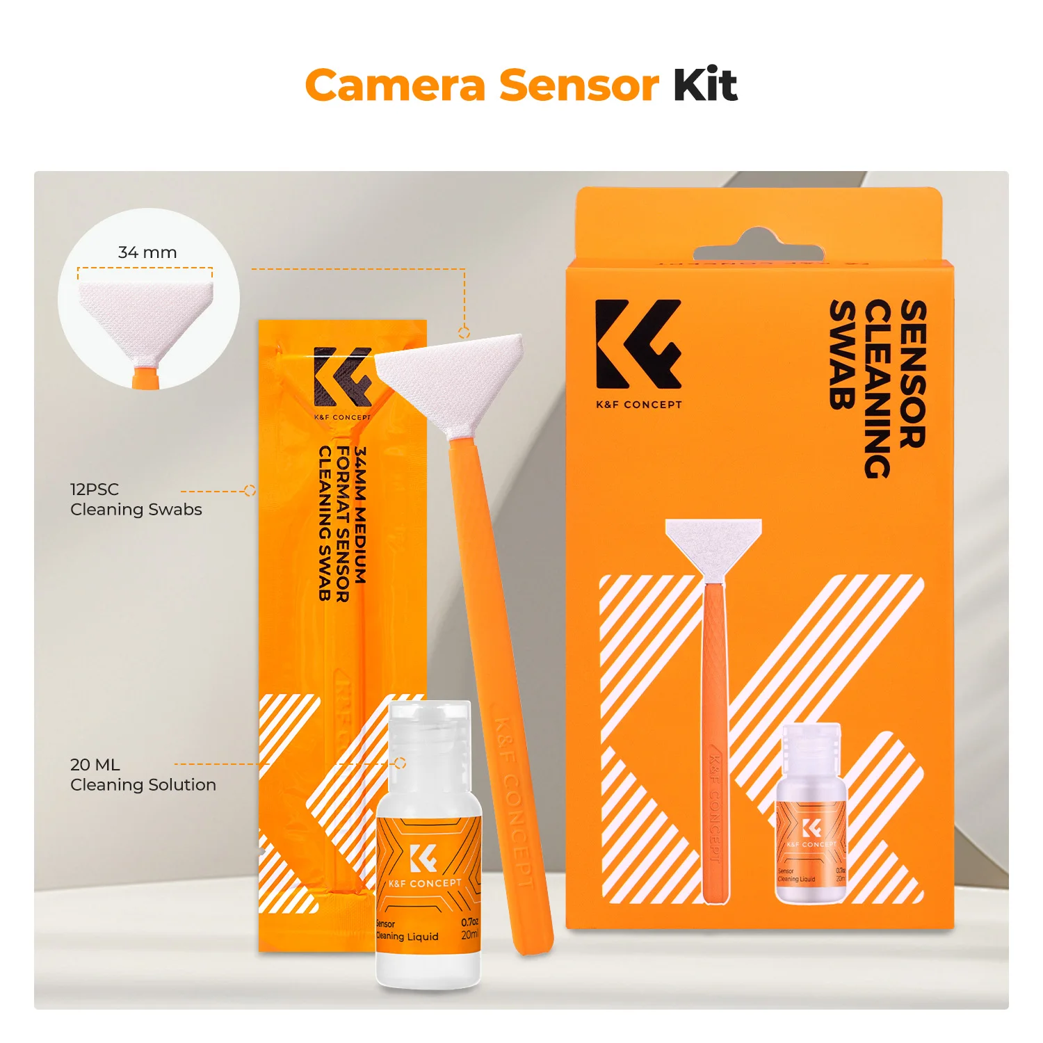 K&F CONCEPT 12pcs 34mm Medium Format Sensor Lens Cleaning Swabs +1pc 20ml Liquid Sensor Cleaner Sets For DSLR SLR Camera