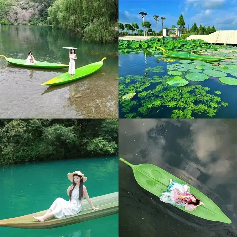 WOLANG FRP Lotus Leaf Boat 2 Seats Willow Leaf Single Layer Green Landscape Photography Prop, Suitable for Lakeside Villa