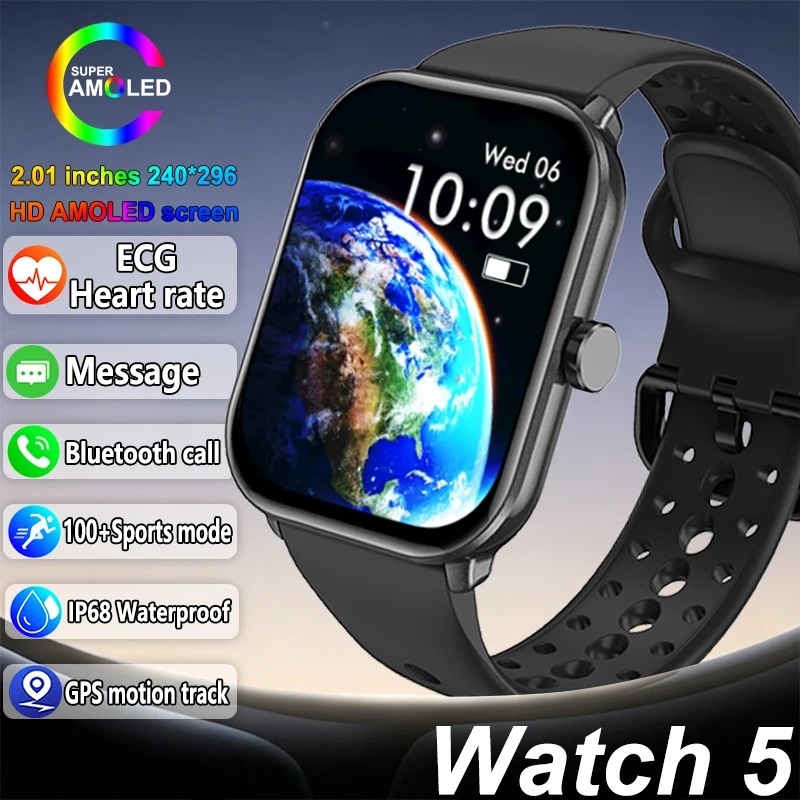 2026 New Watch 5 Sports Smart Watch Men Women AMOLED Screen Fitness Tracker Heart Rate ECG GPS Track IP68 Waterproof Smartwatch