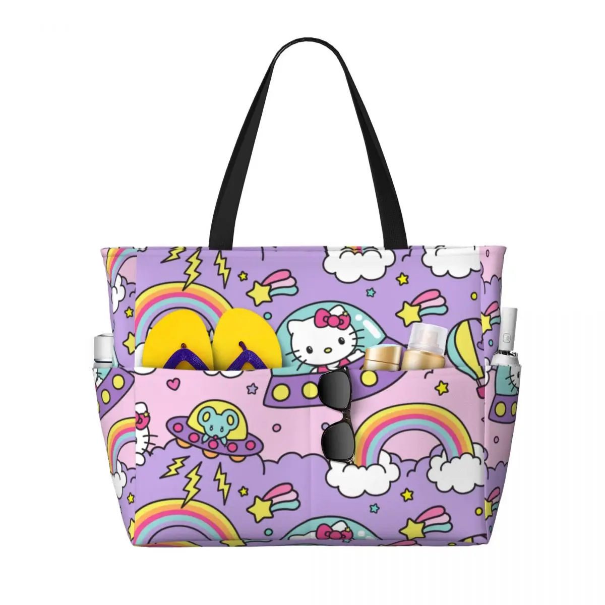 

Сумка-тоут женская с мультяшным котенком, персонализированная вместительная пляжная дорожная сумочка-тоут для спортзала, кошки инопланетянина, НЛО, Hello Kitty