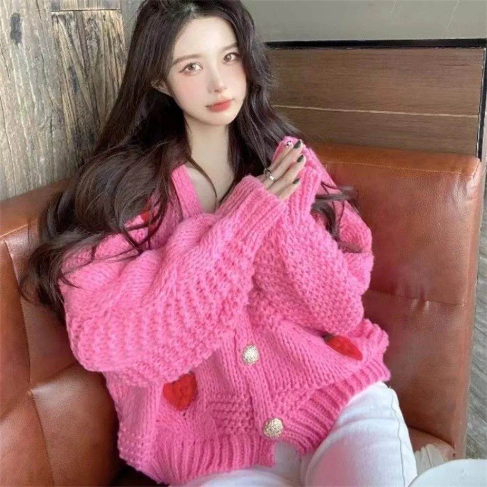 Gentle Strawberry Cardigan V-neck Loose Fit Chunky Knit Sweater Soft Knitted Short Top Sweet Sweaters Jacket Casual Wear