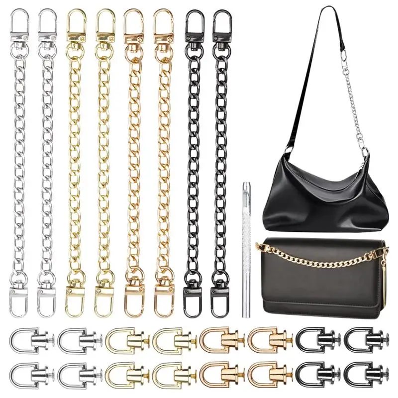 

8Pcs/Set Flat Purse Chain Straps Handbag Chains With 16Pcs D Ring Rivets Hole Punch 7.9" Extender Chains With Post Head Buttons